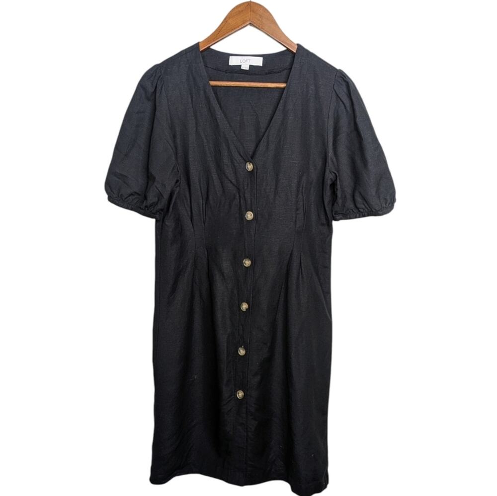 Ann Taylor Loft Linen Rayon Button Front Dress 8 Puff Sleeve Black Classic Casua